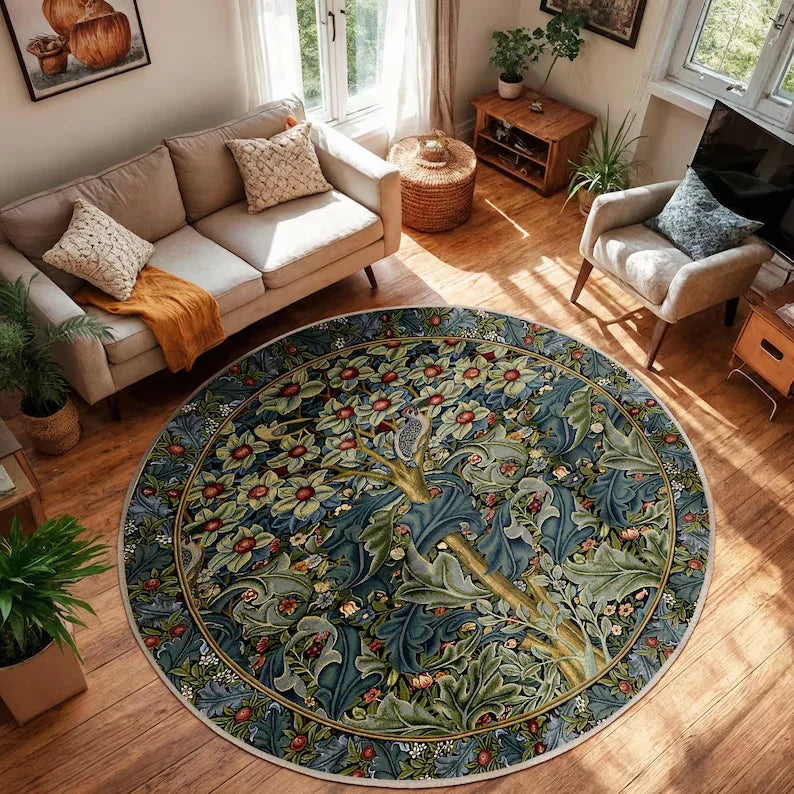 Crowcore Forest Round Raven Rug Bedroom Decor Morris Inspired Room Academia Style Mystical Woodland Birds Cottagecore Accent
