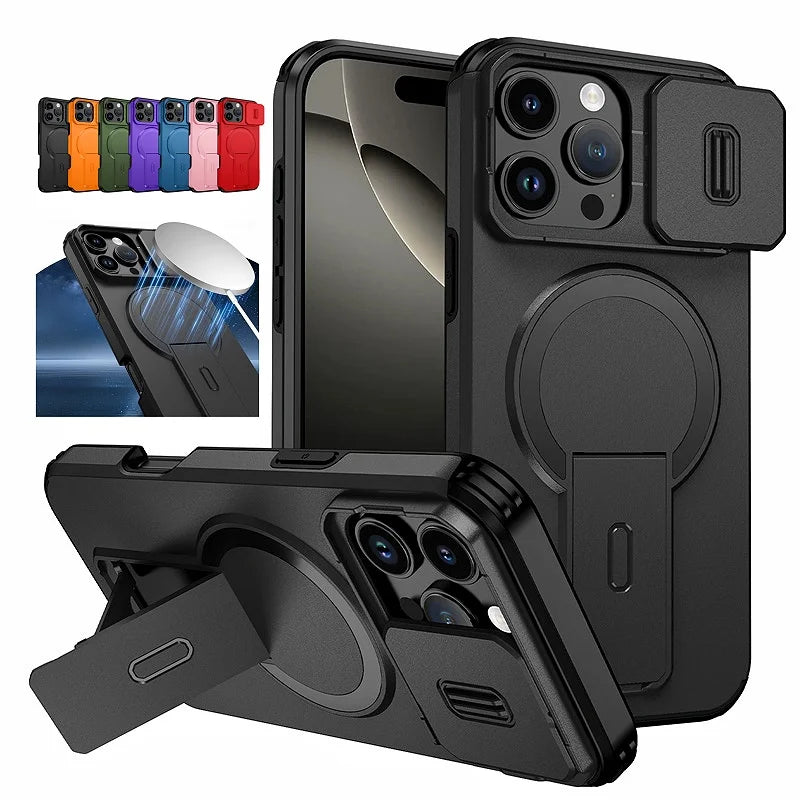 Chromacart For Magsafe Magnetic Wireless Charging Case For iPhone 16 15 14 13 12 11 Pro Max Plus 16e Armor Stand Slide Lens Protector Cover™