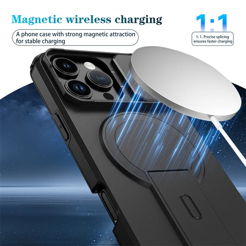 Chromacart For Magsafe Magnetic Wireless Charging Case For iPhone 16 15 14 13 12 11 Pro Max Plus 16e Armor Stand Slide Lens Protector Cover™