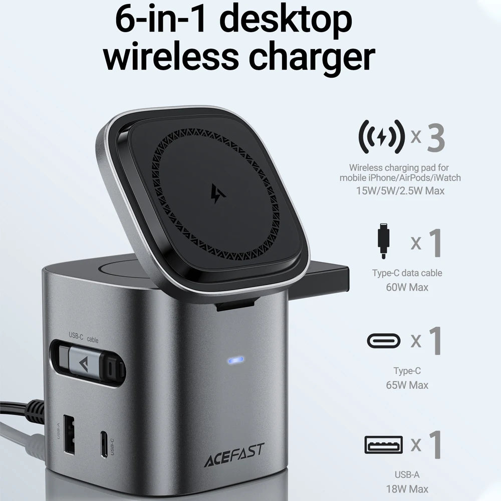 Chromacart ACEFAST 6 in 1 Multifunction 15W Magnetic Wireless Charging Station For iPhone 16 15 GaN PD65W Charging Cube USB C Fast Charging™