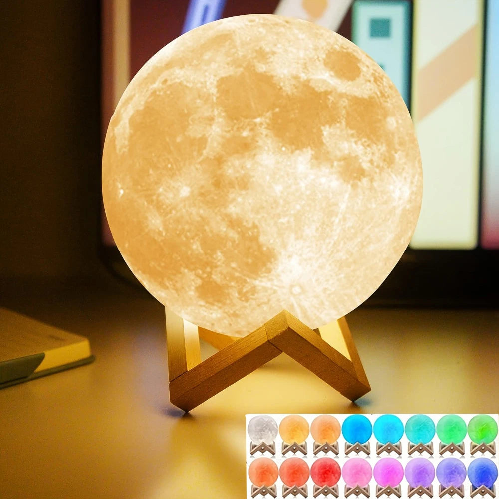 16 Colors 3D Printed Moon Lamp USB Plug LED Night Light with Wooden Stand Remote Control Adjustable Brightness Table Light