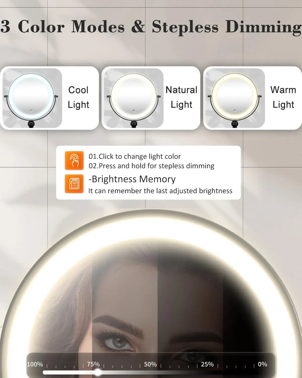 Wall Mounted Lighted Makeup Mirror9'' Height Adjustable Double Sided  Rechargeable Touch Dimmable Extended Arm 360 Rotation