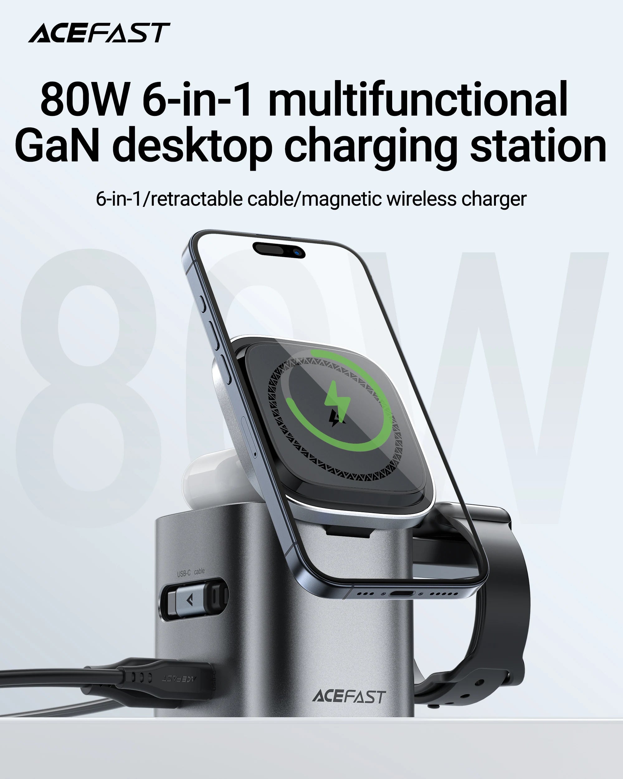 Chromacart ACEFAST 6 in 1 Multifunction 15W Magnetic Wireless Charging Station For iPhone 16 15 GaN PD65W Charging Cube USB C Fast Charging™