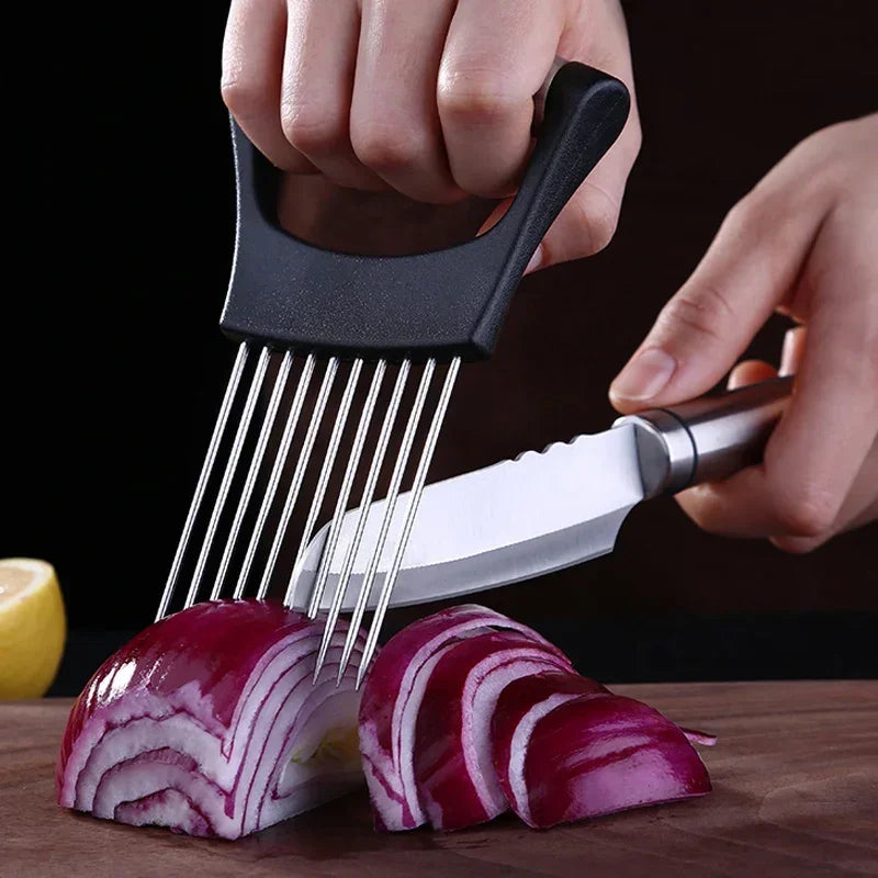 1pc Stainless Steel Onion Cutter Holder Food Slicers Assistant Tomato Onion Slicer Holder Vegetables Cutting Fork Kitchen Gadget