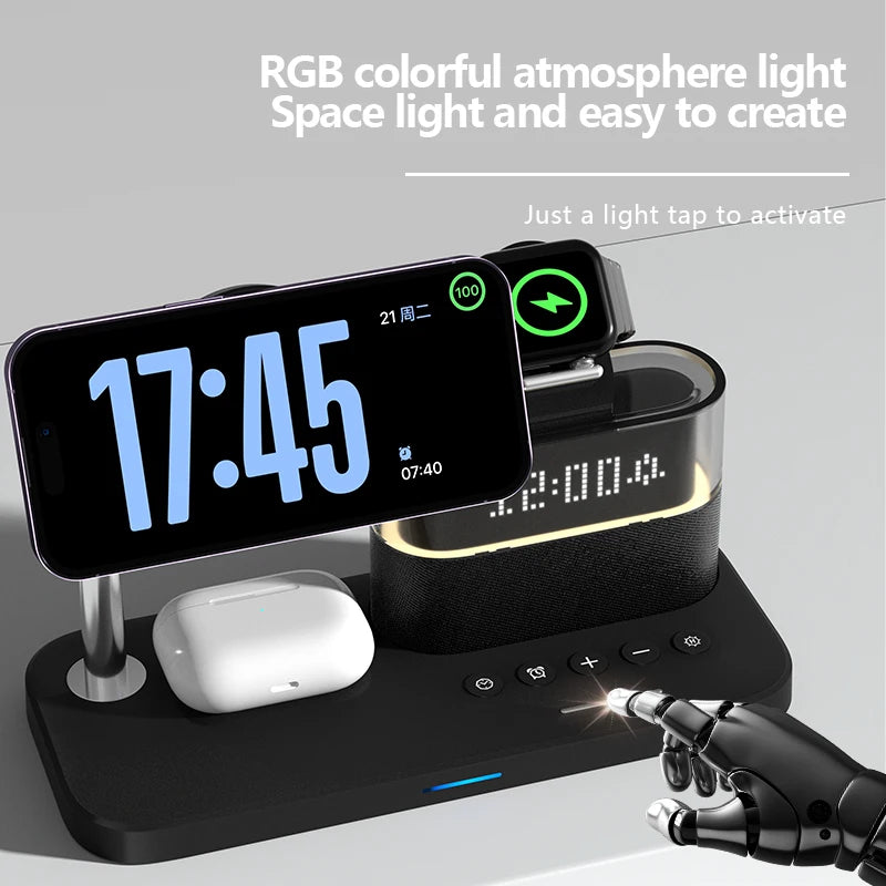 Chromacart Premium QI2 Wireless Charger Fast MagSafe Alarm Clock For Apple Air Pods iWatch iPhone Phone Holder sound RGB Night Light Bedroom Office