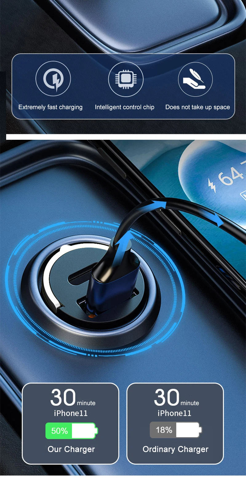 Chromacart 2025 Mini 100W PD QC Pull Ring Fast Charging Car Charger USB C Car Phone Charger Adapter For iPhone Xiaomi Samsung Huawei™