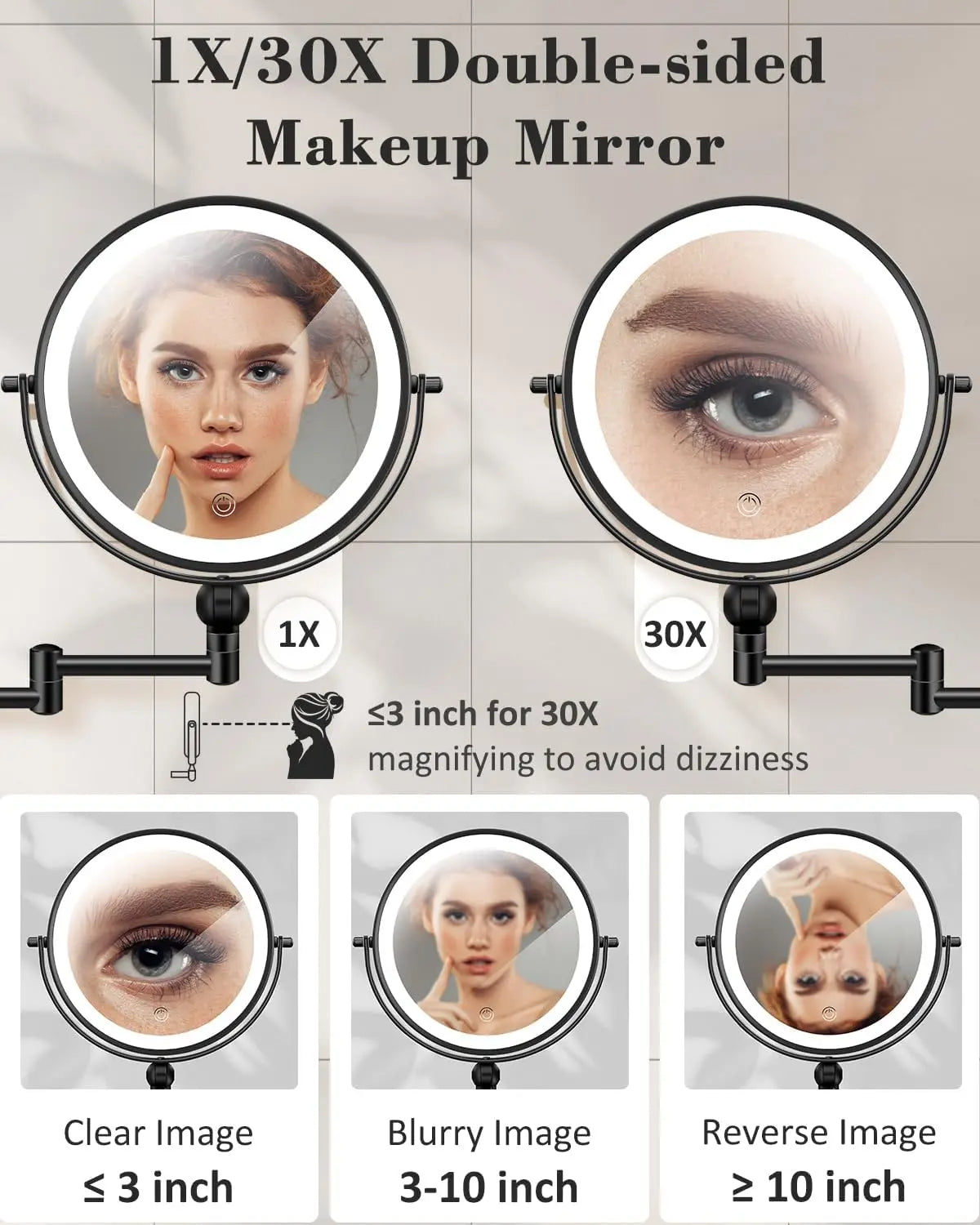 Wall Mounted Lighted Makeup Mirror9'' Height Adjustable Double Sided  Rechargeable Touch Dimmable Extended Arm 360 Rotation