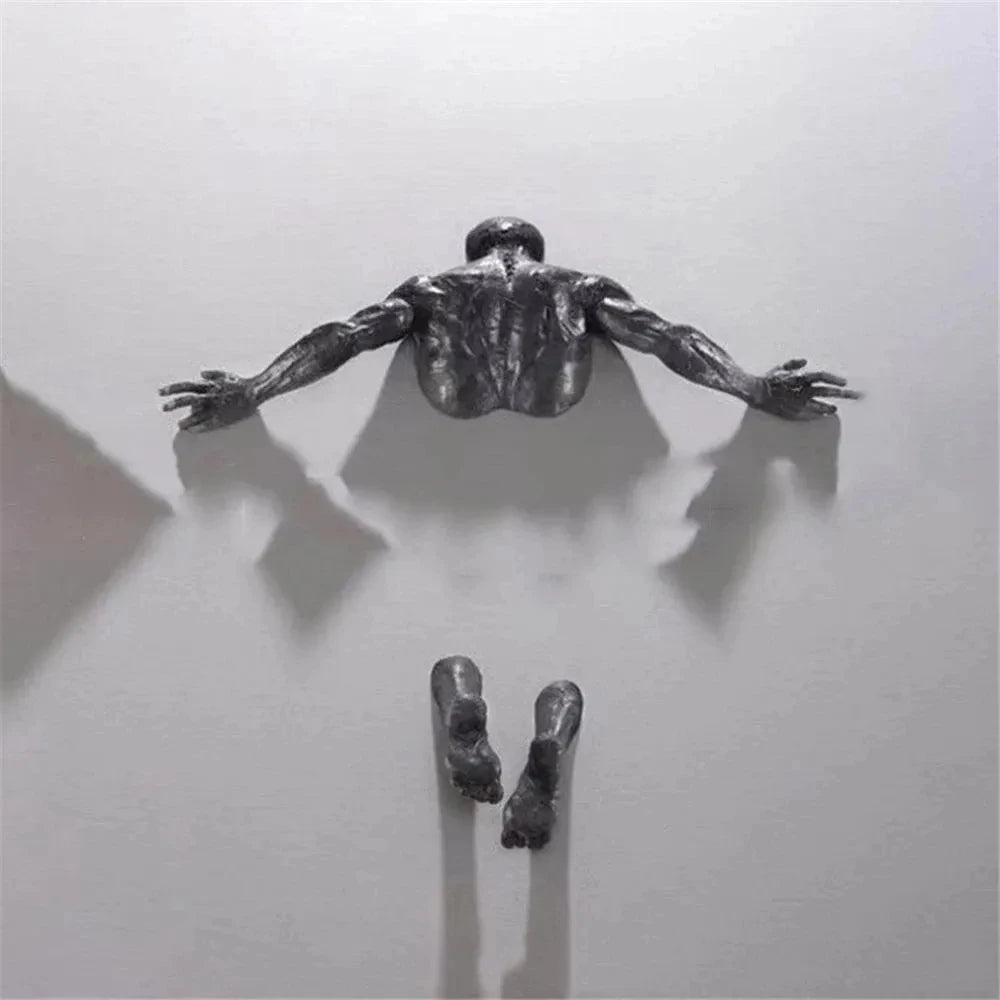 Imitation Copper Wall Decor Abstract Character Resin Rock Climbing Man Statue Sculpture Background Wall Art 3D Through Wall