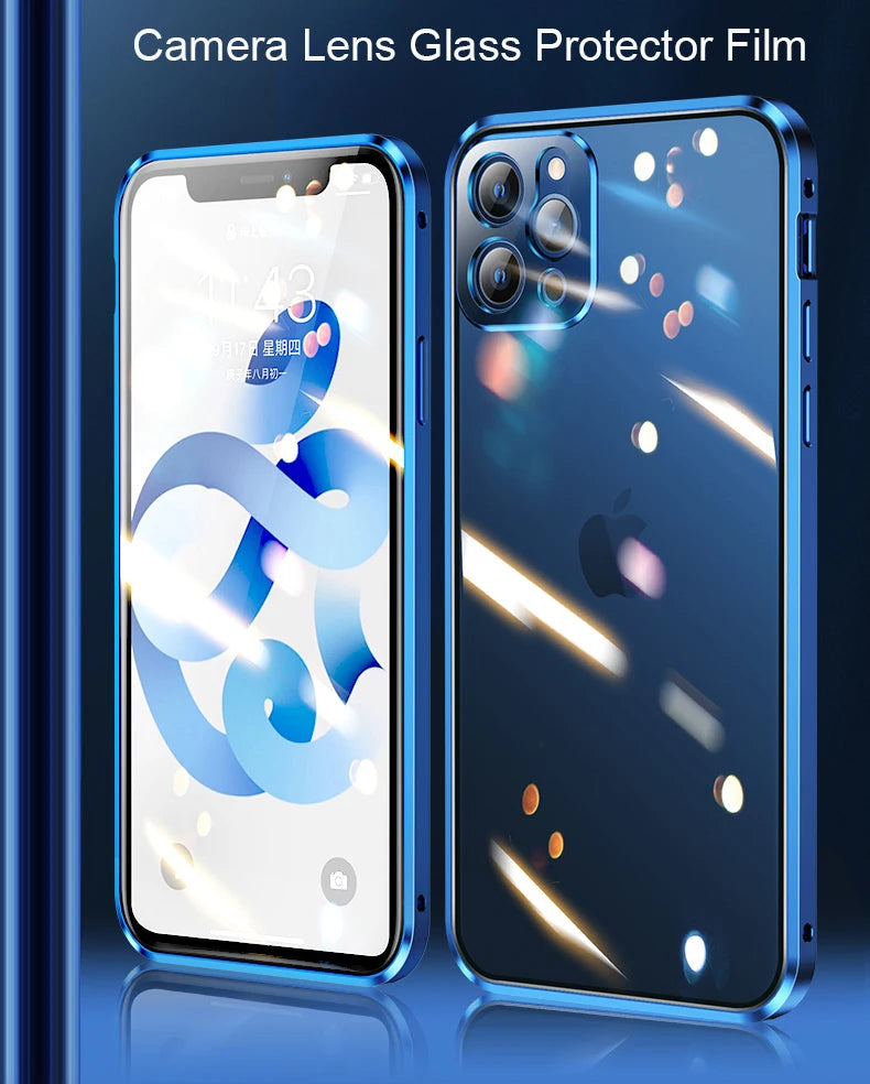 Chromacart 360 Double Sided Magnetic Adsorption Metal Case for iPhone 17 16 15 14 13 12  Pro Max Glass Cover Camera Lens Protector Film™