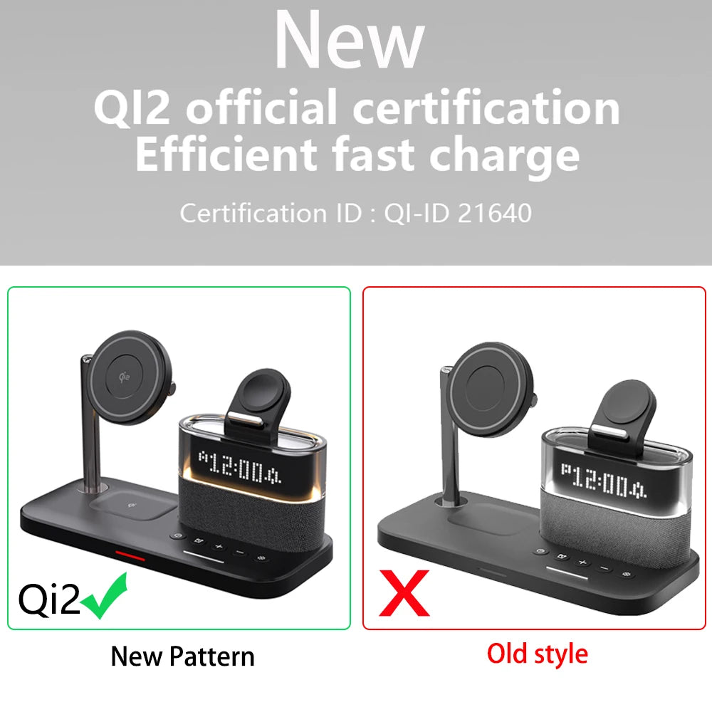 Chromacart Premium QI2 Wireless Charger Fast MagSafe Alarm Clock For Apple Air Pods iWatch iPhone Phone Holder sound RGB Night Light Bedroom Office