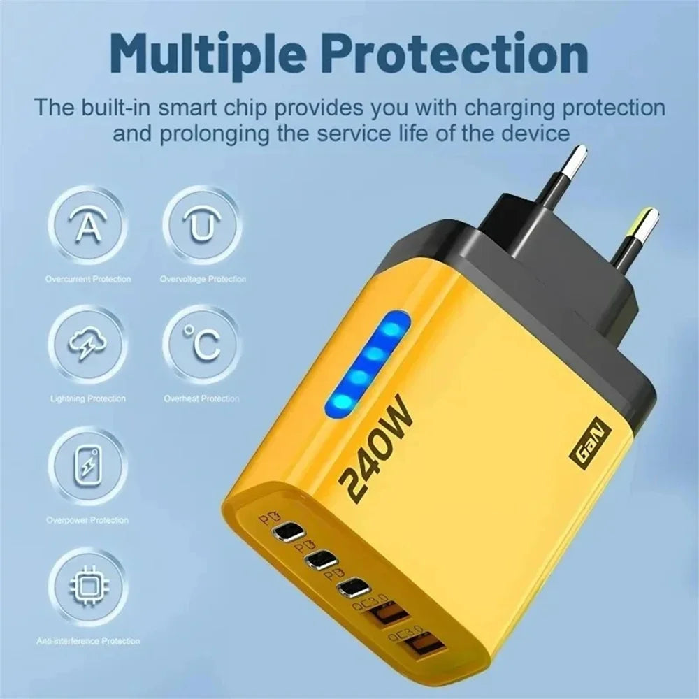 Chromacart 5 in 1 USB C GaN Charger 240W Fast Charging Adapter 10A USB To Type C Cable 3PD 2USB QC3.0 Charger for iPhone 16 Samsung Xiaomi™