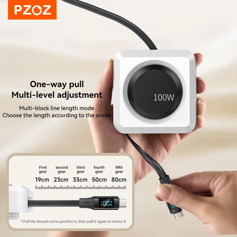 Chromacart PZOZ Digital Display PD 100W C to C Retractable Cable USB to Type C Lightning Micro Fast Charging Cable Data Wire For iPhone 17™