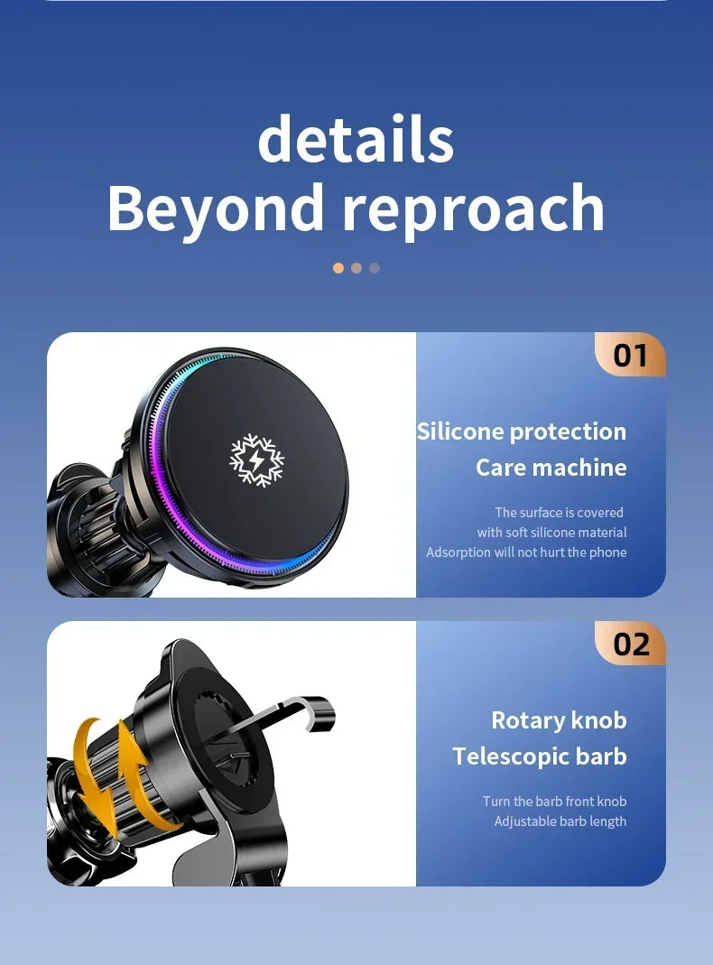 Chromacart Premium Ice Cooling Magnetic Wireless Car Charger Fast Charging Station for iPhone 16 15 14 13 12 Pro Max MacSafe Car Phone Holder Stand