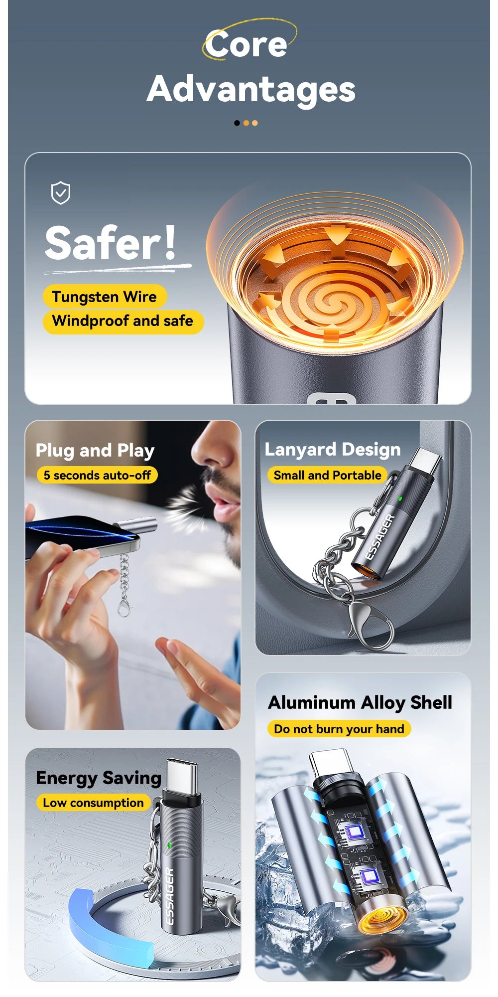 Chromacart Essager TypeC Mini Cigarette Lighter Tungsten Wire Blowing Safety and Energy Saving Without Charging Can Be Carried On The Plane™