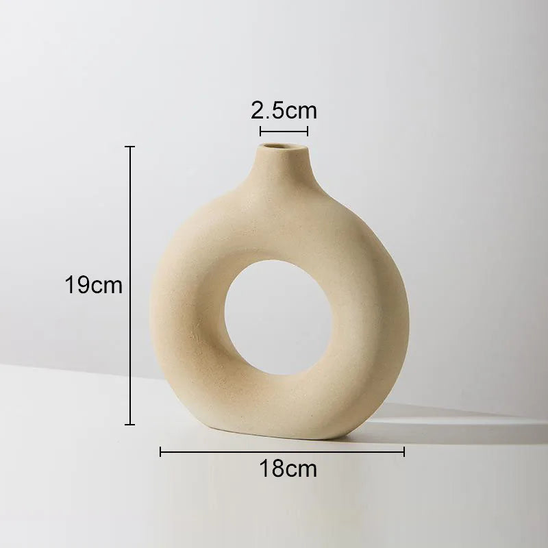 Donut Ceramic Vase Round Hollow Flower Pots Decorative Arrangement Beige/white Porcelain Vases Nordic Home Decor Modern