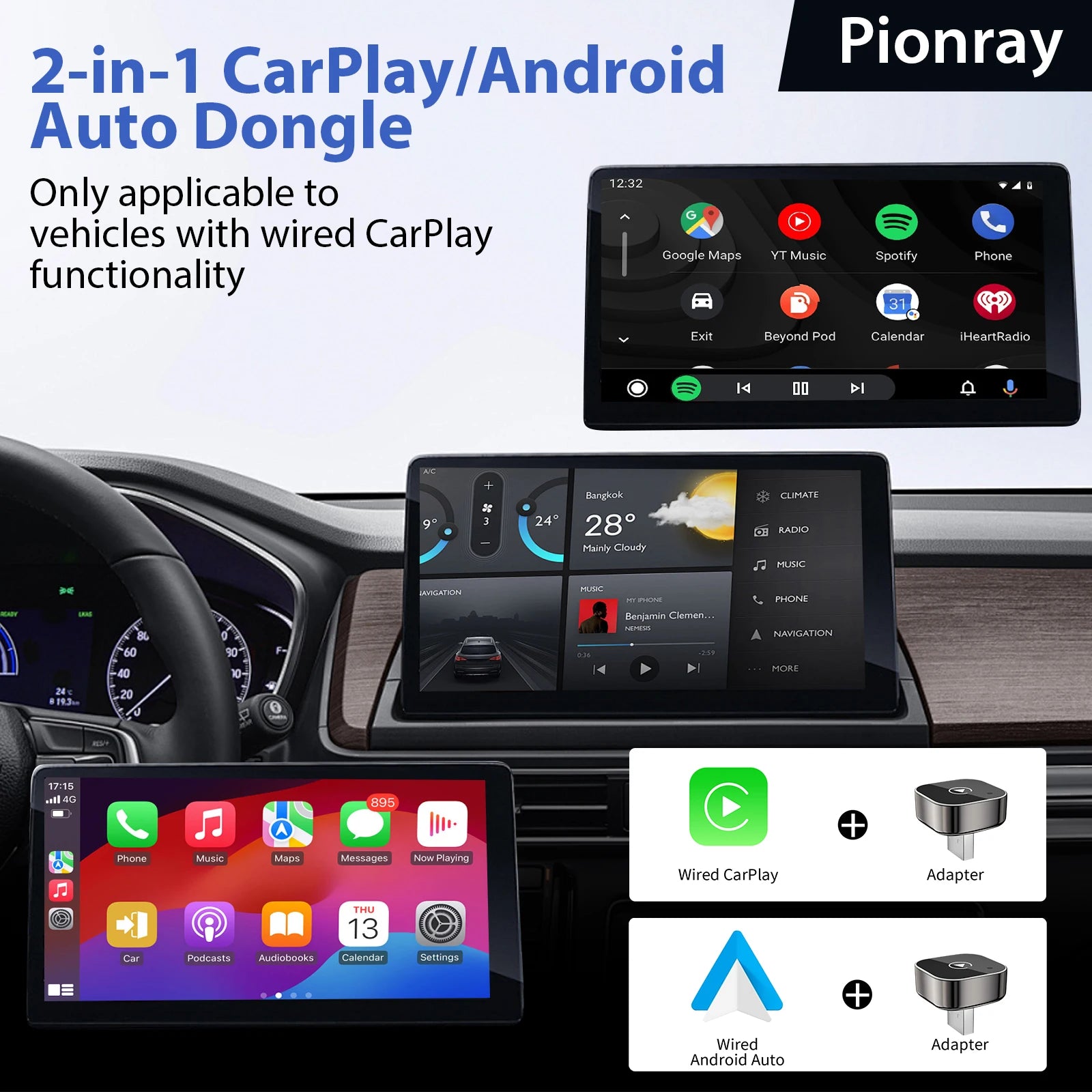 Chromacart 2026 Pionray 2 in 1 Wireless CarPlay Adapter&Android Auto Wireless Adapter, 5Ghz WiFi Type-C/USB Plug Play CarPlay Wireless™