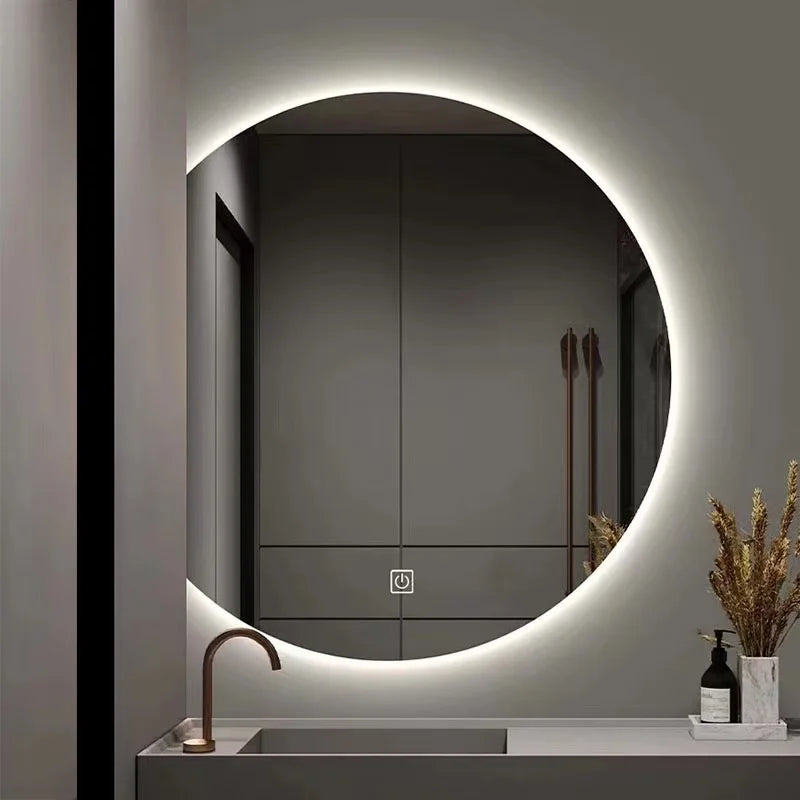 Modern LED Wall Mounted Semi-Circular Asymmetrical Mirror for Salon Hotel Bathroom Bedroom & Living Room Graphic Design Solution