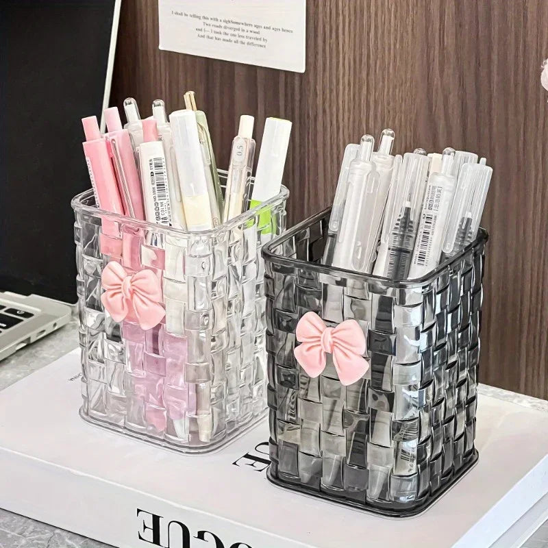 1pc Clear Acrylic Desk Organizer with Bow Accent-Durable Pen Holder and Storage Basket for Office Supplies,Pens,and Accessories