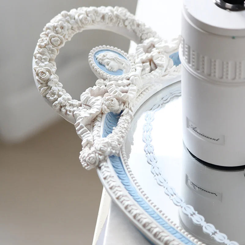 Resin Tray Baroque Elegant Dressing Table Jewelry Mirror Storage Display Tray Blue and White Embossed Ornaments Home Decor Gift