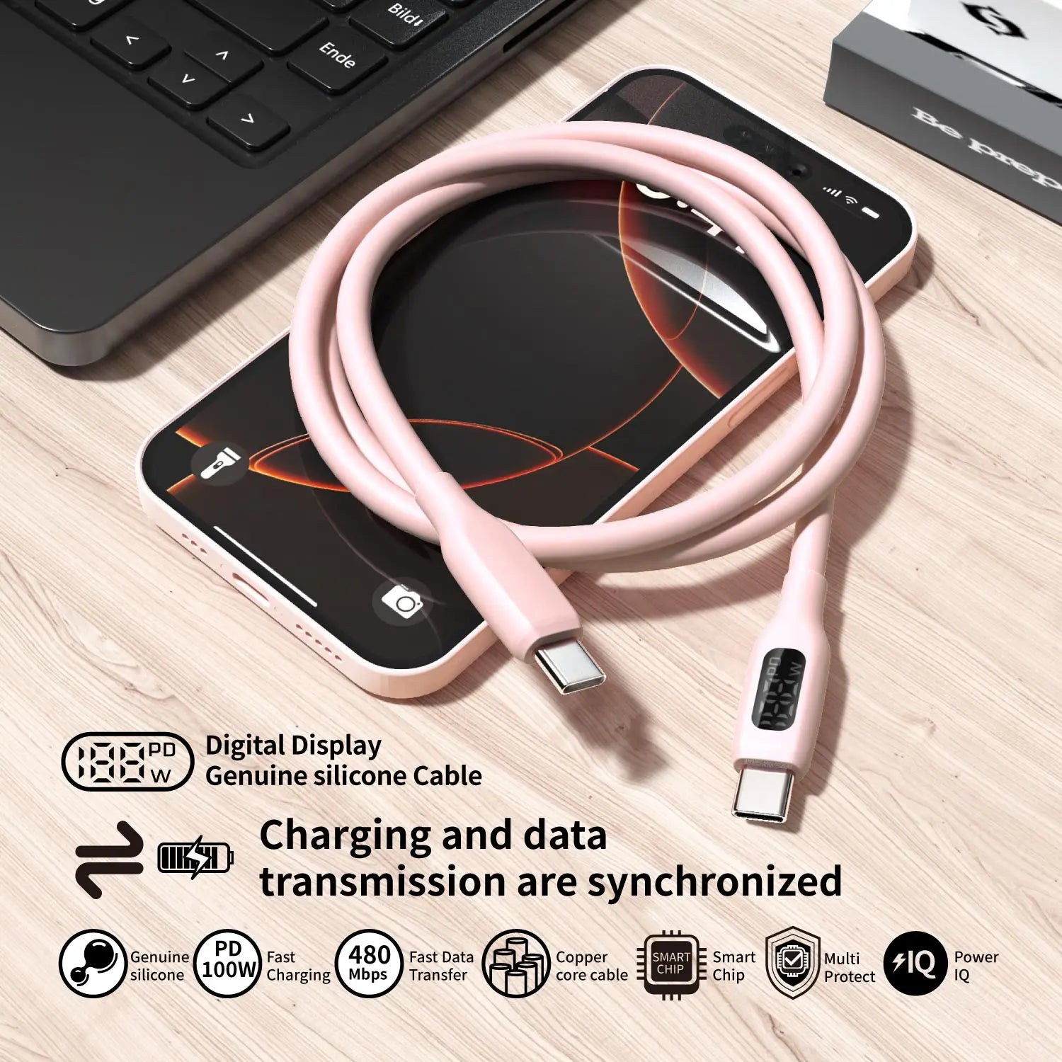 Chromacart 100W USB C Fast Charging Cable , Super Flexible Silicone Charger Cable Pink, for Phone Tablet Laptop™