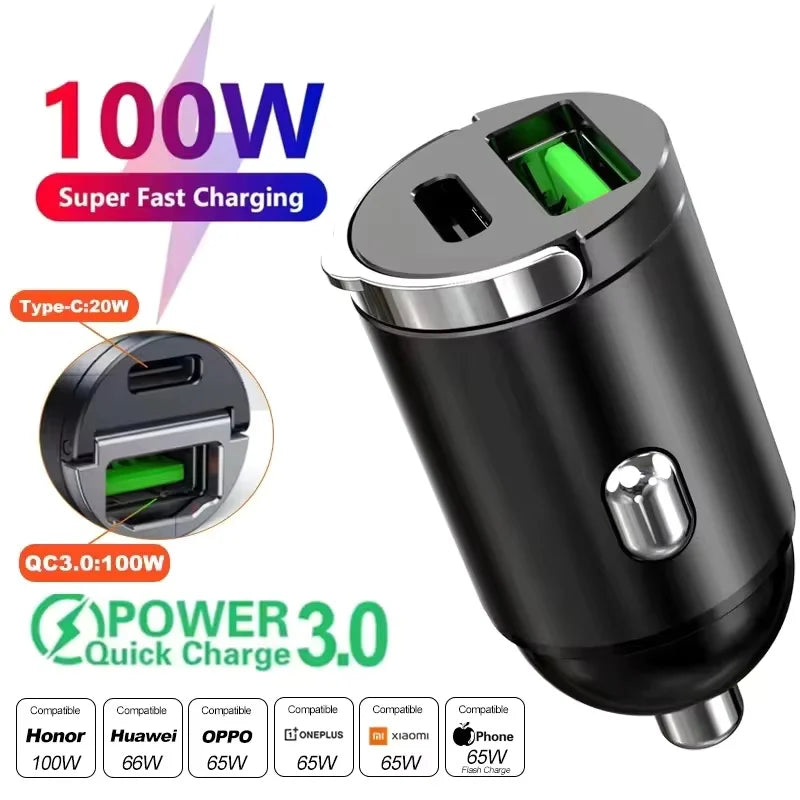 Chromacart 2025 Mini 100W PD QC Pull Ring Fast Charging Car Charger USB C Car Phone Charger Adapter For iPhone Xiaomi Samsung Huawei™