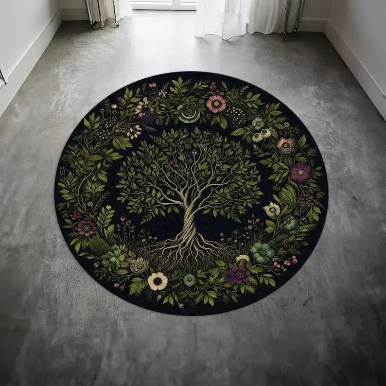 Crowcore Forest Round Raven Rug Bedroom Decor Morris Inspired Room Academia Style Mystical Woodland Birds Cottagecore Accent