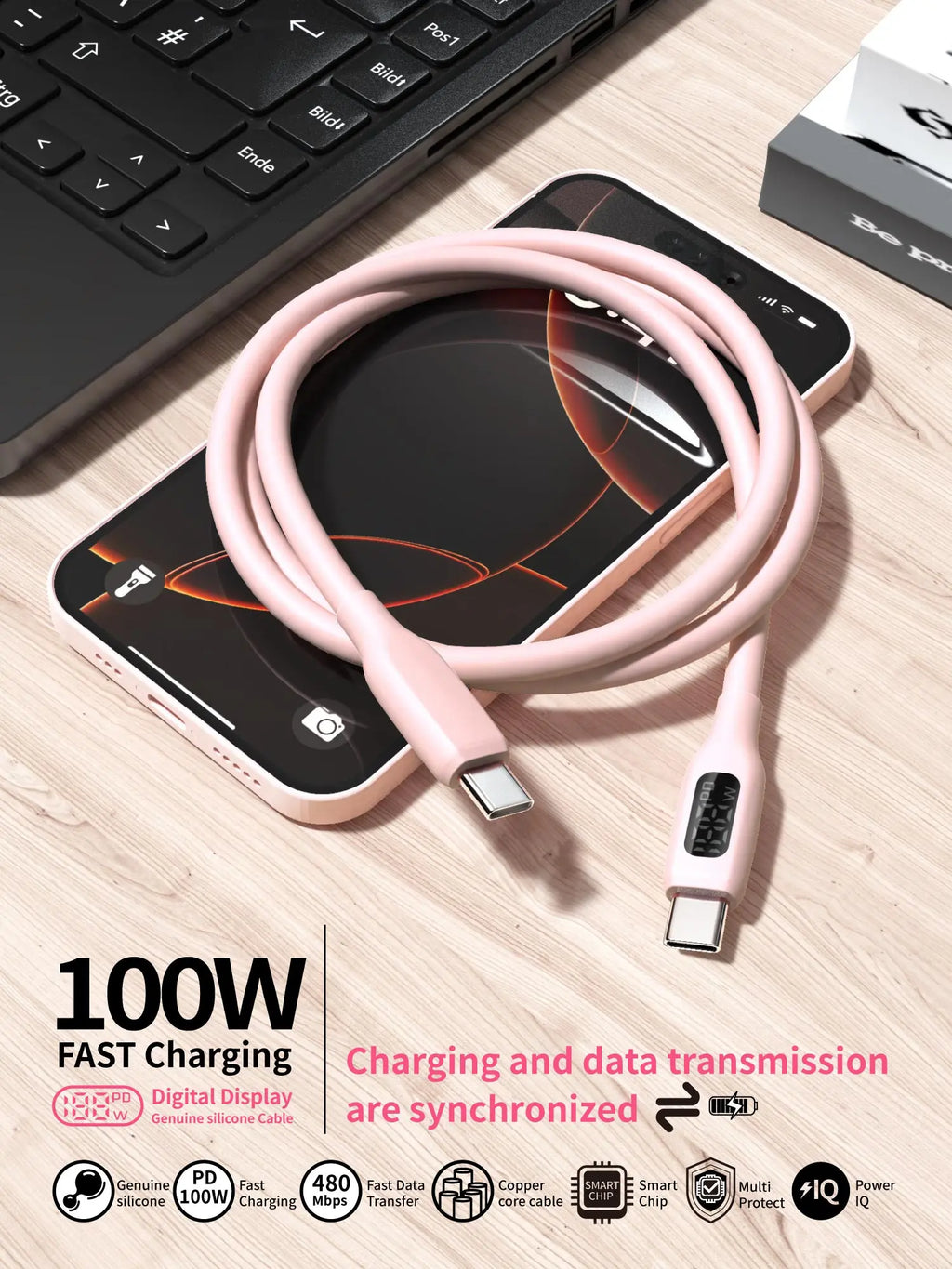 Chromacart 100W USB C Fast Charging Cable , Super Flexible Silicone Charger Cable Pink, for Phone Tablet Laptop™