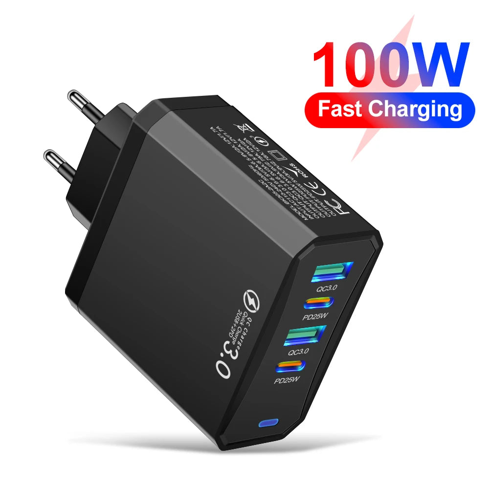 Chromacart Total 100W 4 in 1 2 USB 2 Type C Quick Charging Fast Wall Charger For iPhone Samsung Xiaomi Huawei Oppo Mobile Phone Adapter™