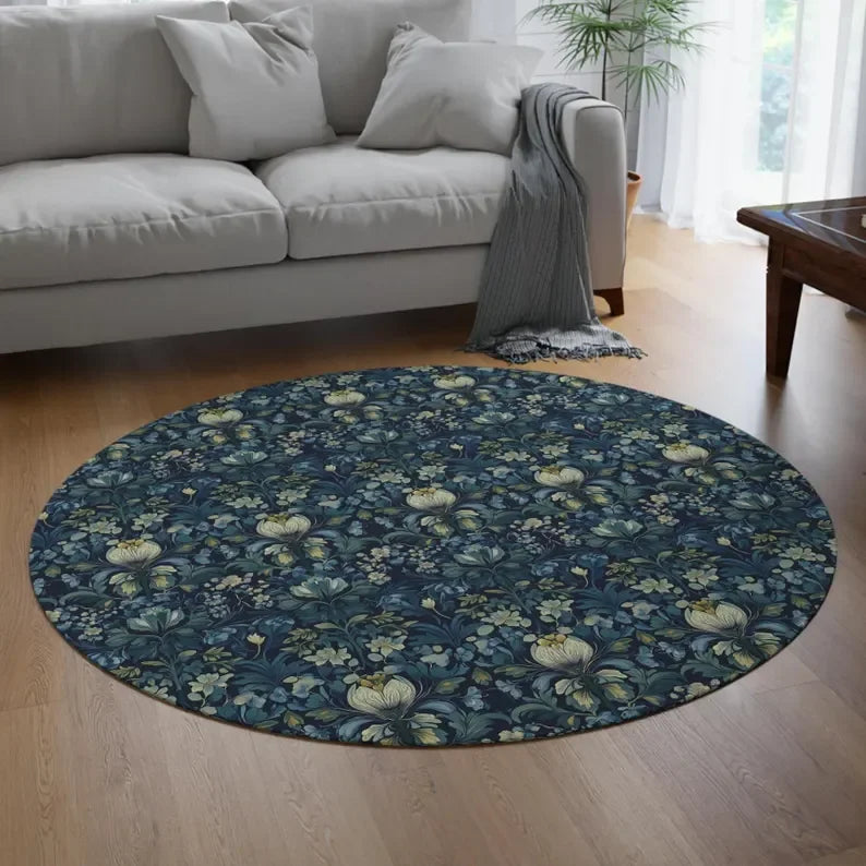 Crowcore Forest Round Raven Rug Bedroom Decor Morris Inspired Room Academia Style Mystical Woodland Birds Cottagecore Accent
