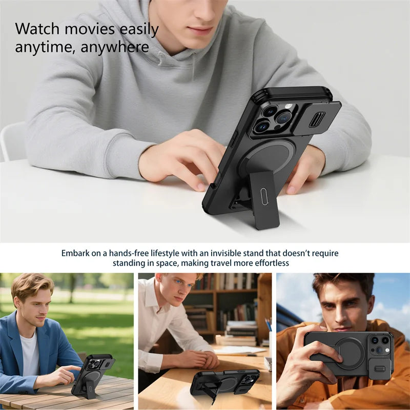 Chromacart For Magsafe Magnetic Wireless Charging Case For iPhone 16 15 14 13 12 11 Pro Max Plus 16e Armor Stand Slide Lens Protector Cover™