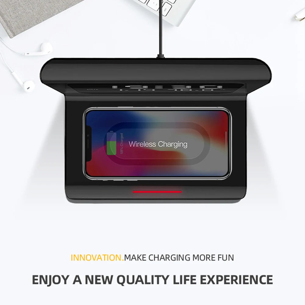 Chromacart Premium Wireless Charger Alarm Clock LED Smart Digital Clock Table Electronic Desktop Clocks with Temperature USB 10W Fast Charge Type C