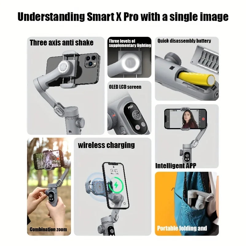 Chromacart Premium AOCHUAN Smart XPro 3 Axis Smartphone Gimbal Stabilizer For iphone And android Phone Stable shooting with RGB video fill light