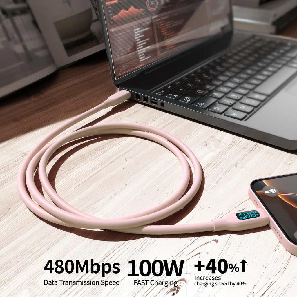 Chromacart 100W USB C Fast Charging Cable , Super Flexible Silicone Charger Cable Pink, for Phone Tablet Laptop™