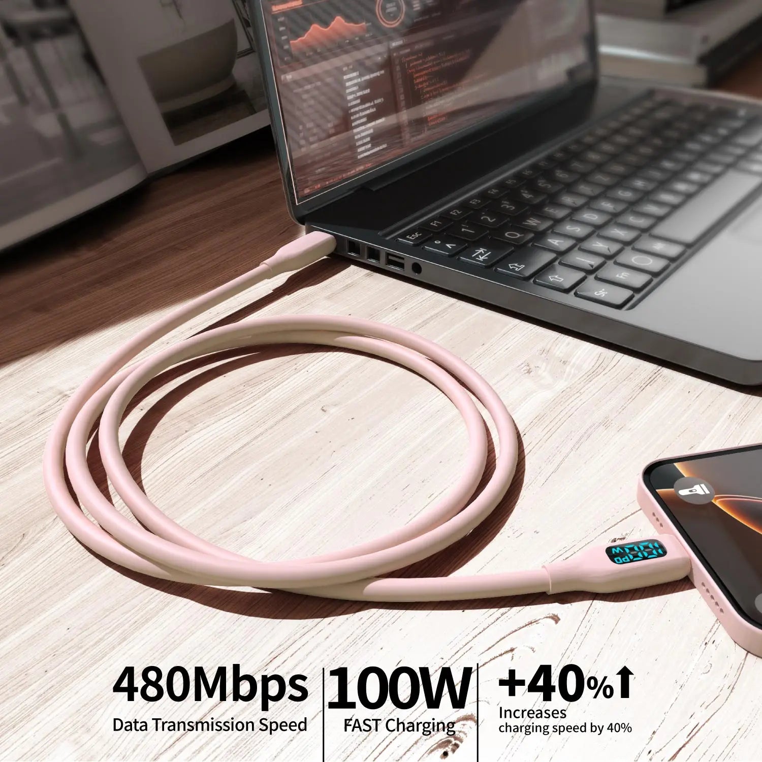 Chromacart 100W USB C Fast Charging Cable , Super Flexible Silicone Charger Cable Pink, for Phone Tablet Laptop™