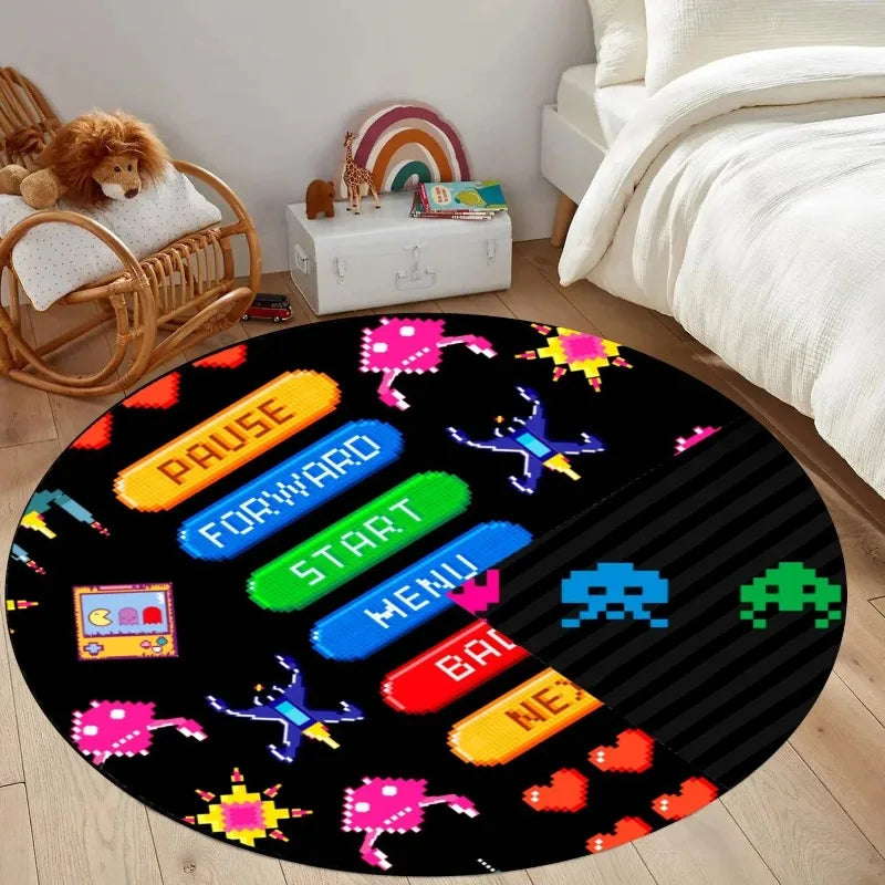 90s Classic Arcade Game Rug Video Gamer Carpet Gaming Round Rug Game Room Decor Gift for Gamer Colorful Round Rug Exquisite