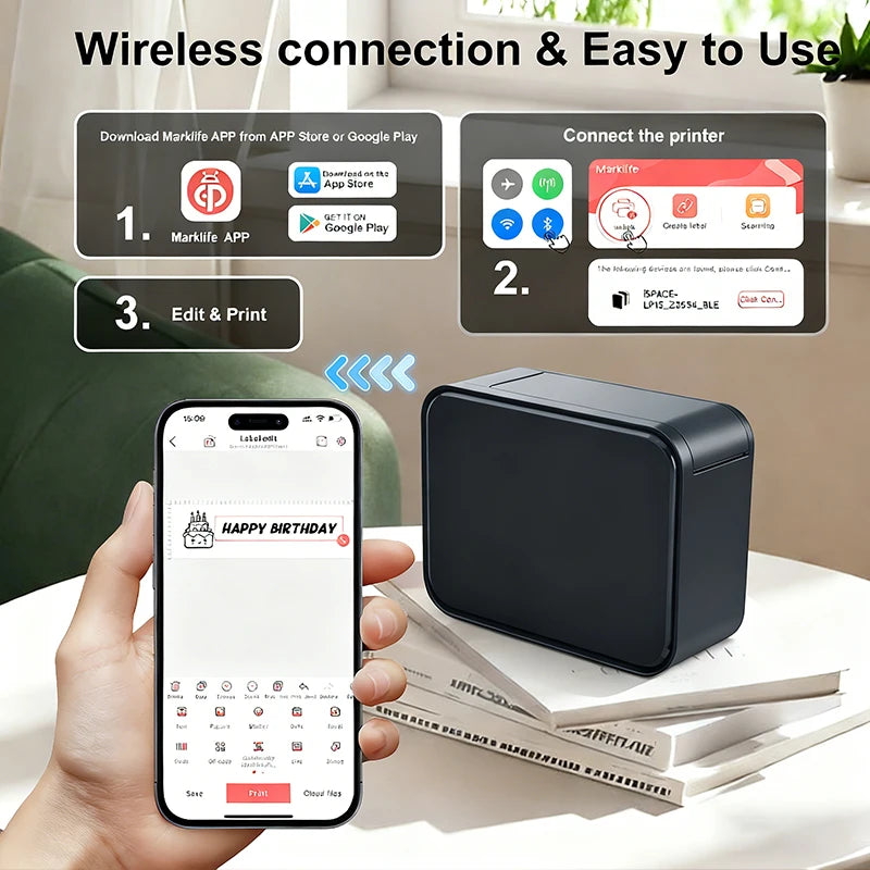 Marklife P15 M1 Portable Thermal Printer Mini Smart Printer Wireless Bluetooth Sticker Labeling Machine or 1PK Label Paper NoInk