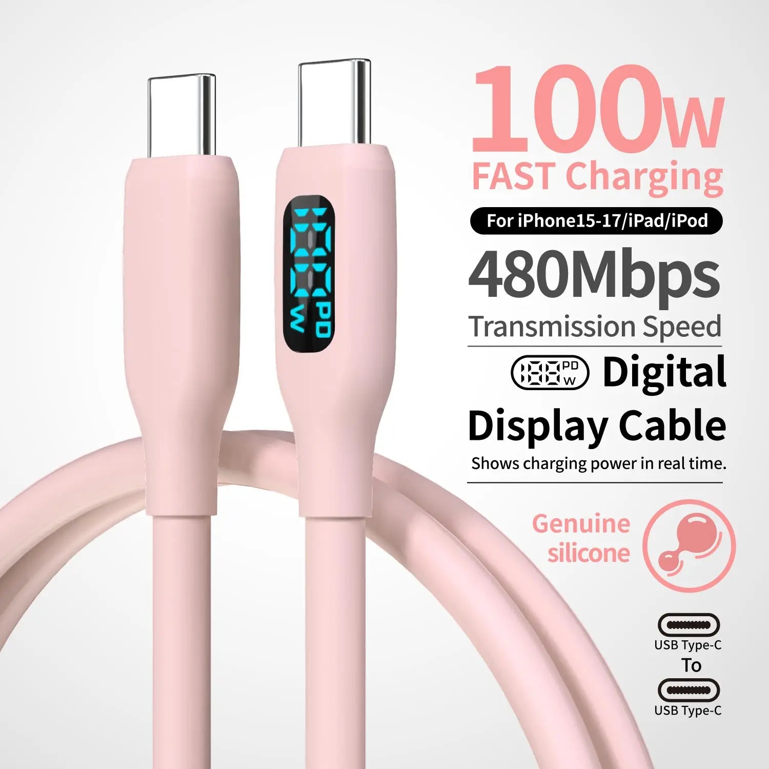 Chromacart 100W USB C Fast Charging Cable , Super Flexible Silicone Charger Cable Pink, for Phone Tablet Laptop™