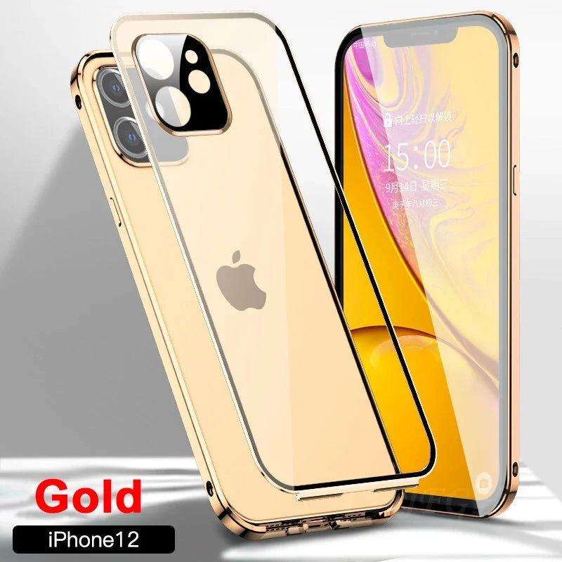 Chromacart 360 Double Sided Magnetic Adsorption Metal Case for iPhone 17 16 15 14 13 12  Pro Max Glass Cover Camera Lens Protector Film™