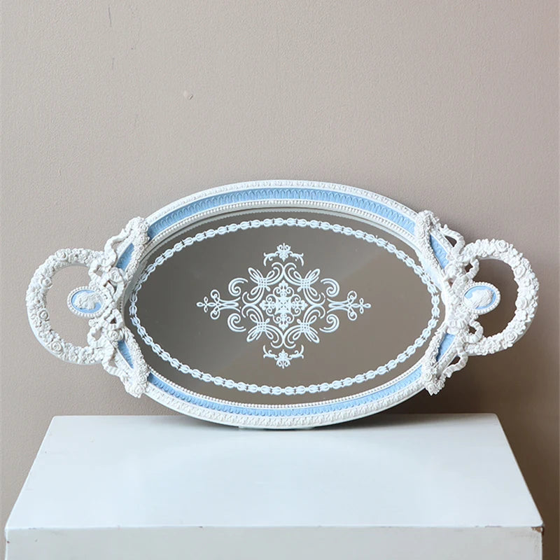 Resin Tray Baroque Elegant Dressing Table Jewelry Mirror Storage Display Tray Blue and White Embossed Ornaments Home Decor Gift