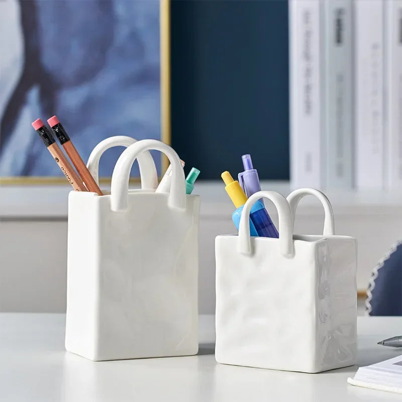 Nordic Handbag Shaped Ceramic Vase for Flowers Modern Decorative White Vase Home Decoration Dried Flower Arrangement Table Decor